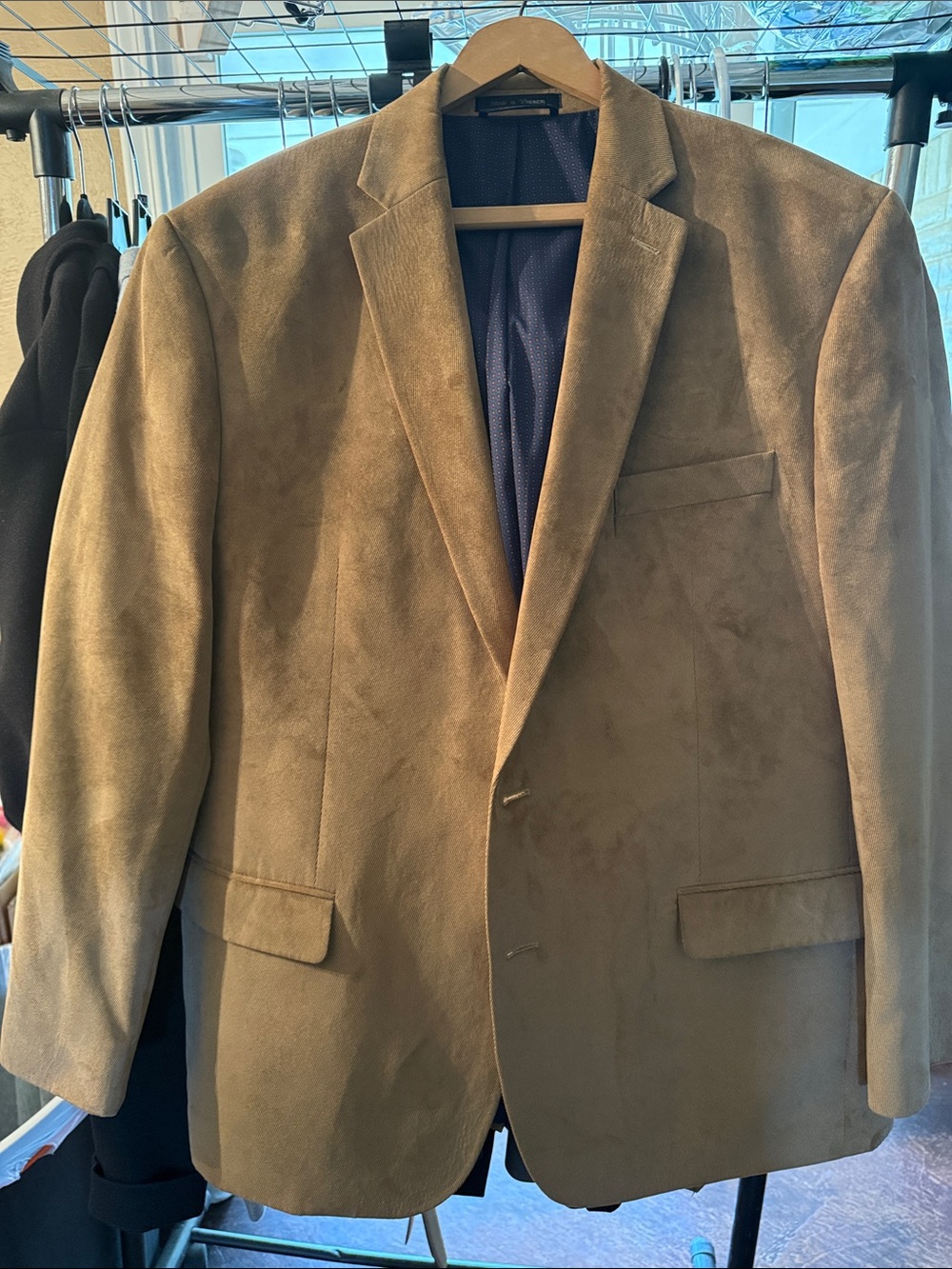 Chaps suede sport coat in a warm tan tone. Single-breasted with notched lapel